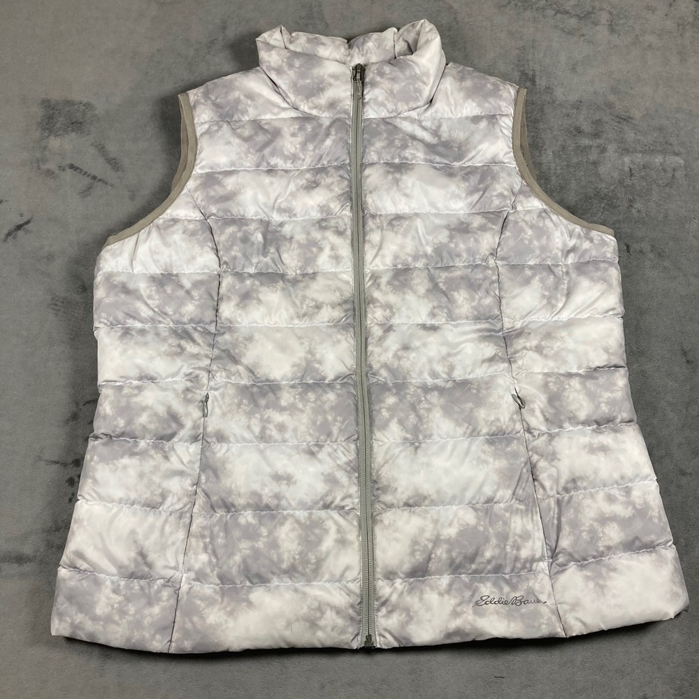 Eddie Bauer EB650 Down Vest Womens XL Gray White Tie Dye Puffer Full Zip